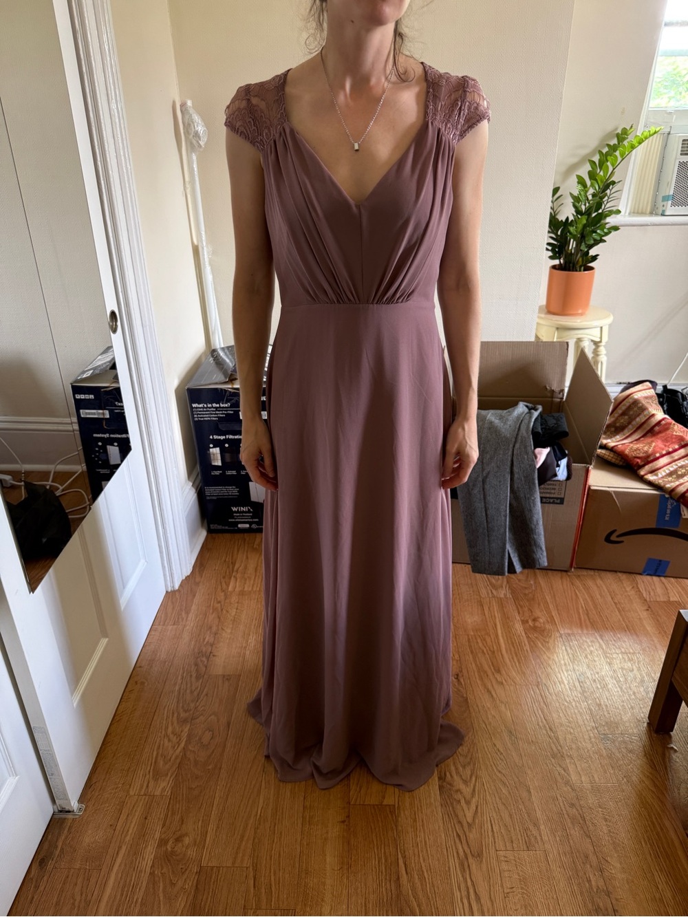 Elegant Mauve V-Neck Cap Sleeve Maxi Dress